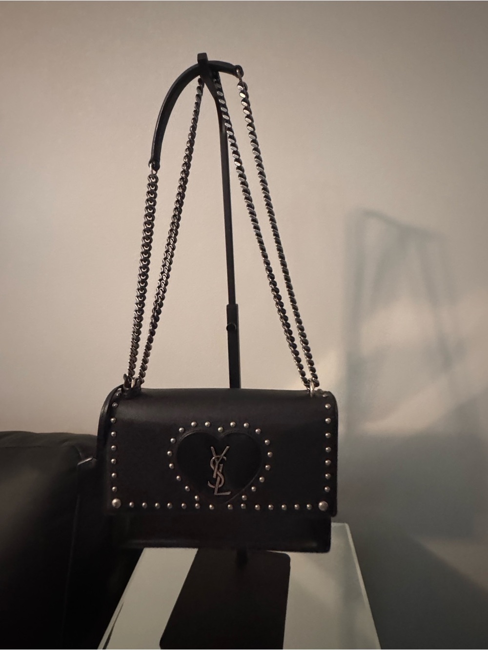 Yves Saint Laurent Black Leather Shoulder Bag with Heart Logo and Silver Studs